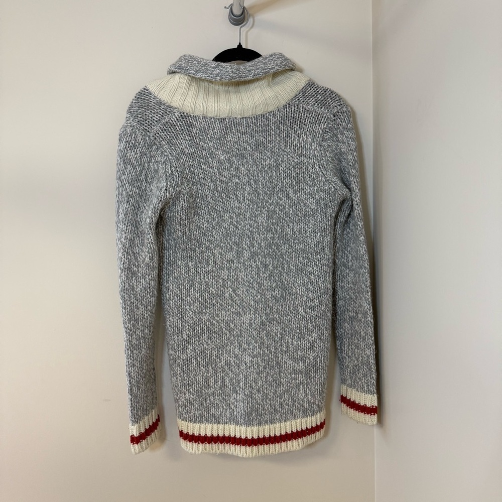 Bluenotes Cabin Sock Monkey Style Button Up Cardigan Sweater Grey & Red Stripes - Picture 3 of 6